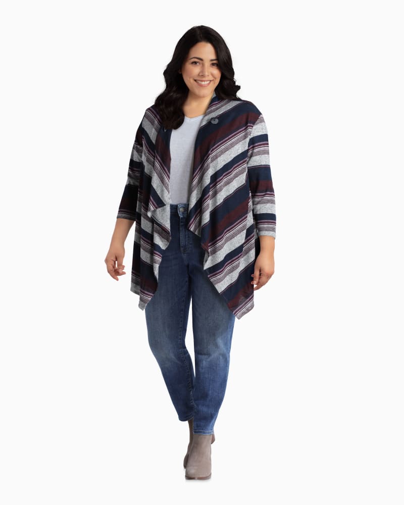 Plus size model with rectangle body shape wearing Genna Button Cardigan by Downing Studio | Dia&Co | dia_product_style_image_id:112916
